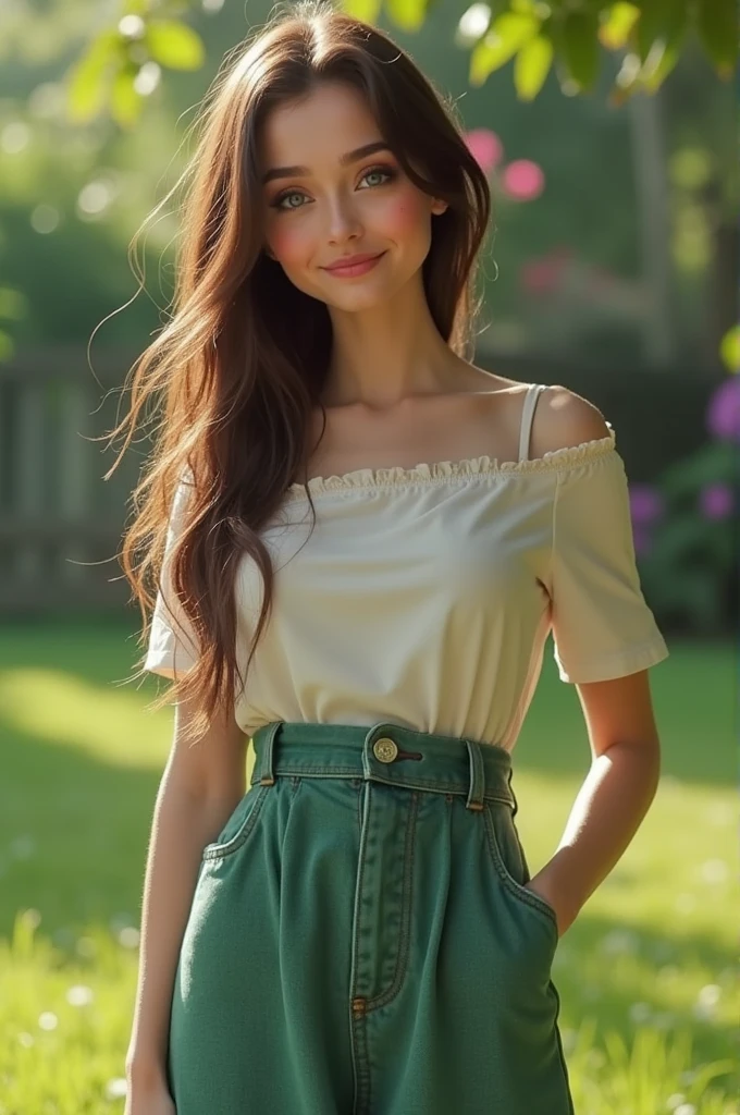 A woman is 6 feet tall, fair complexion, blue eyes, open hair, which is from shoulder to waist, this woman should be wearing jeans and half sleeve skirt, whose color is green, this girl has big eyes, kajal is also in her eyes. She has a dot on her forehead, and her hair is scattered, her cheeks are light pink, and her lips are pink in color, her mouth is slightly open from which some of her white teeth are visible. This woman is standing in a garden. Wearing shoes, she has a light body, and she is laughing, this woman has big breasts,