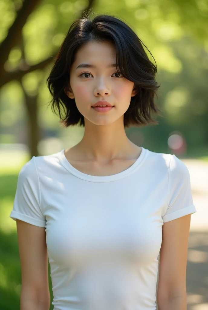 Realistic photo portrait of a pretty 18-year-old Caucasian woman with short dark hair. She is in a sunny park, wearing a tight white spandex t-shirt, with no bra. Her nipples are visible through the thin material.