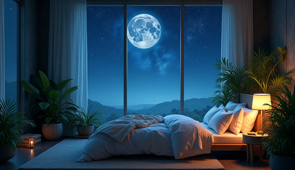 A reassuring bed in a fantastical space。Starry Night。The room is dimly lit、There is a pleasant scent。A fluffy duvet is laid on the bed.、There are comfortable pillows and、There are blankets to keep you warm。The light of the moon and stars shines through the window、A fantastic view unfolds。There are green plants around the bed.、The space is in harmony with nature.。As I lie in this bed、Free from the hustle and bustle of everyday life、You will be able to sleep peacefully。