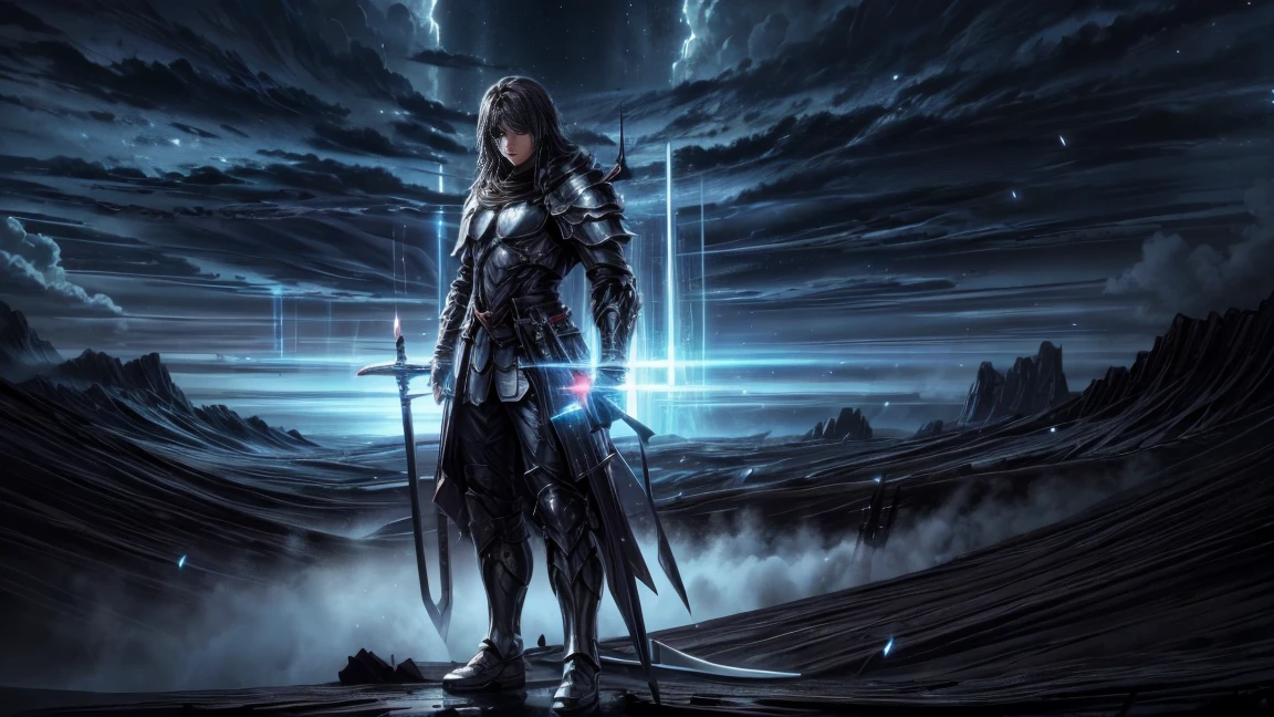 A sword pierced by the earth and struck by thunder, Battlefield, thunder sword, legendary sword, dark clouds sky