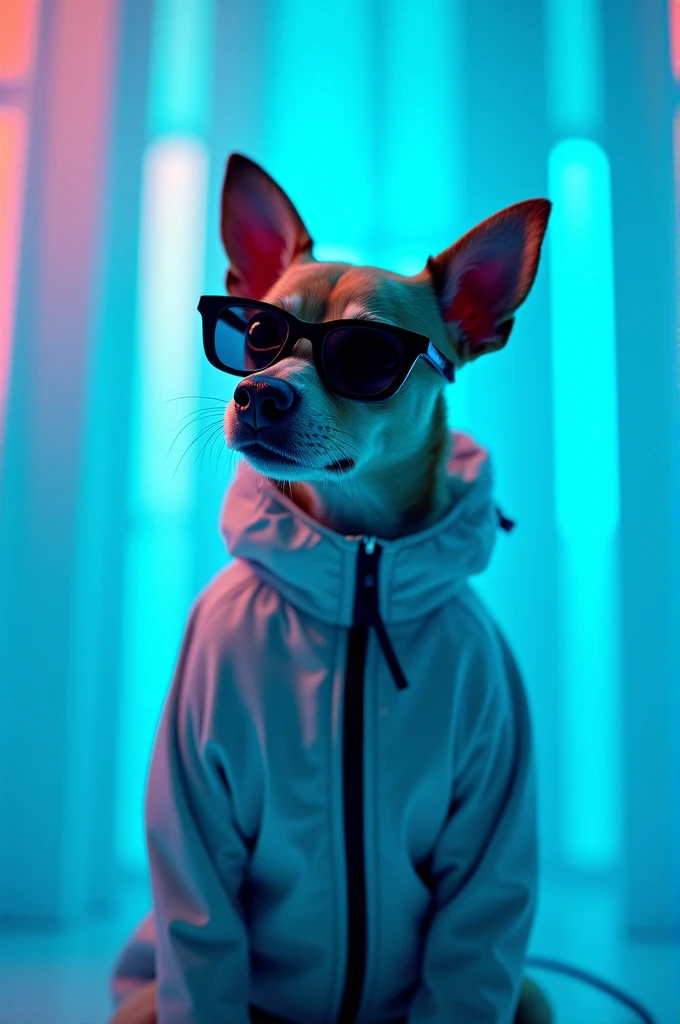 The best cell phone wallpaper, Award-Winning Wallpaper, portrait photography, In the front view is a portrait of a cute dog wearing mid-1960s space age fashion, Side view photo, Shot with Canon EOS R5, Set a strong contrast that accentuates the subject, Fluorescent blue tone, Wearing a very modern coat and sunglasses is a modern 1960s style, Clothes all in one color, beautiful background