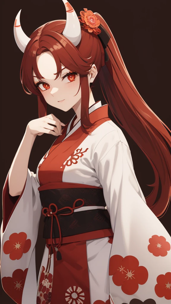 Oni girl, has small dark horns on her forehead, bright red pupils, long dark red hair tied in a ponytail, wears a flower patterned kimono.