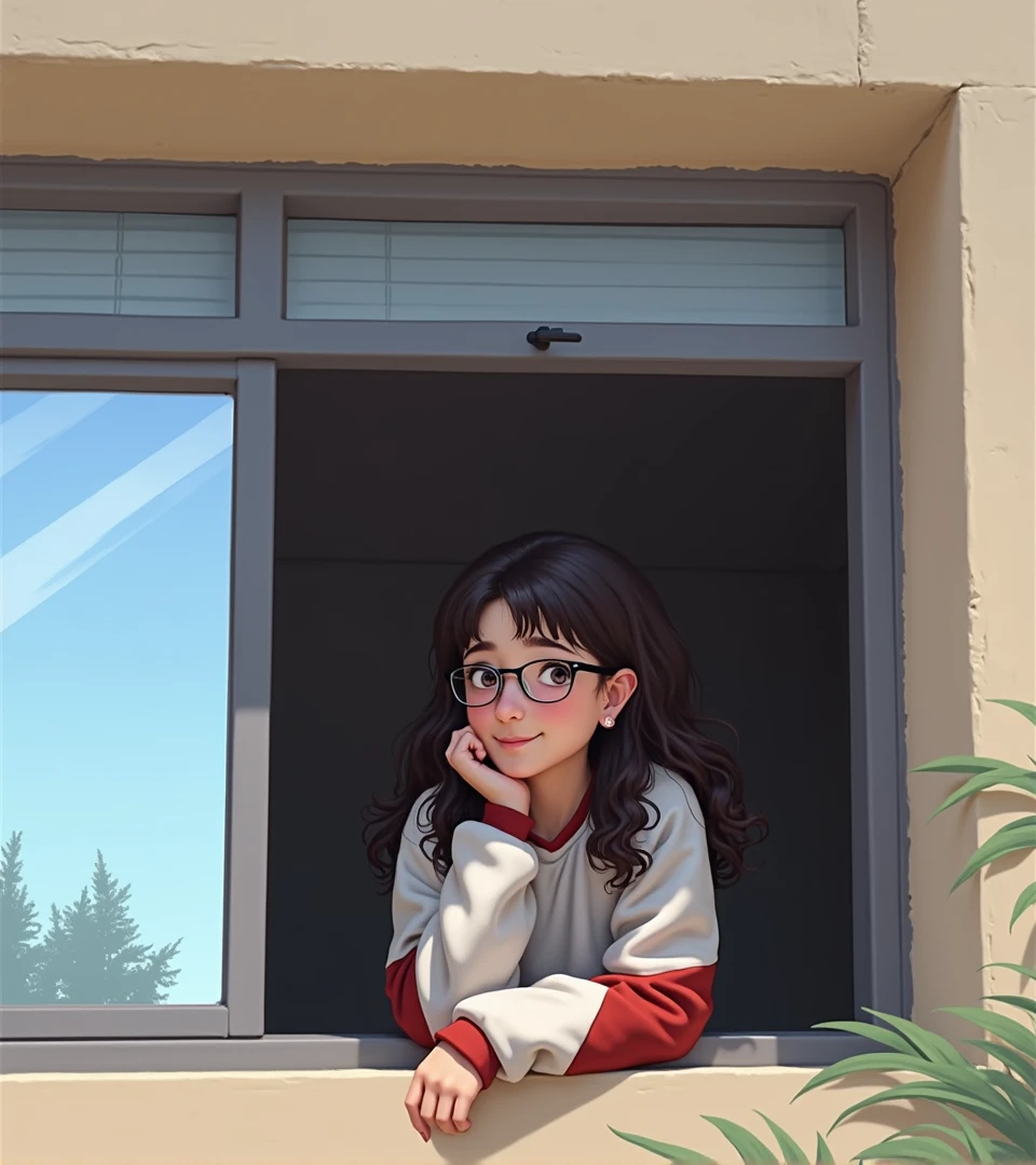 Realistic portrait of young woman with dark, curly hair wearing glasses and a white and red sweatshirt, smiling as she looks out the window frame.   The place feels like an outdoor environment, with the window frame providing a contrast between the indoor and outdoor spaces.   The woman's expression conveys a feeling of contentment or joy as she looks out.