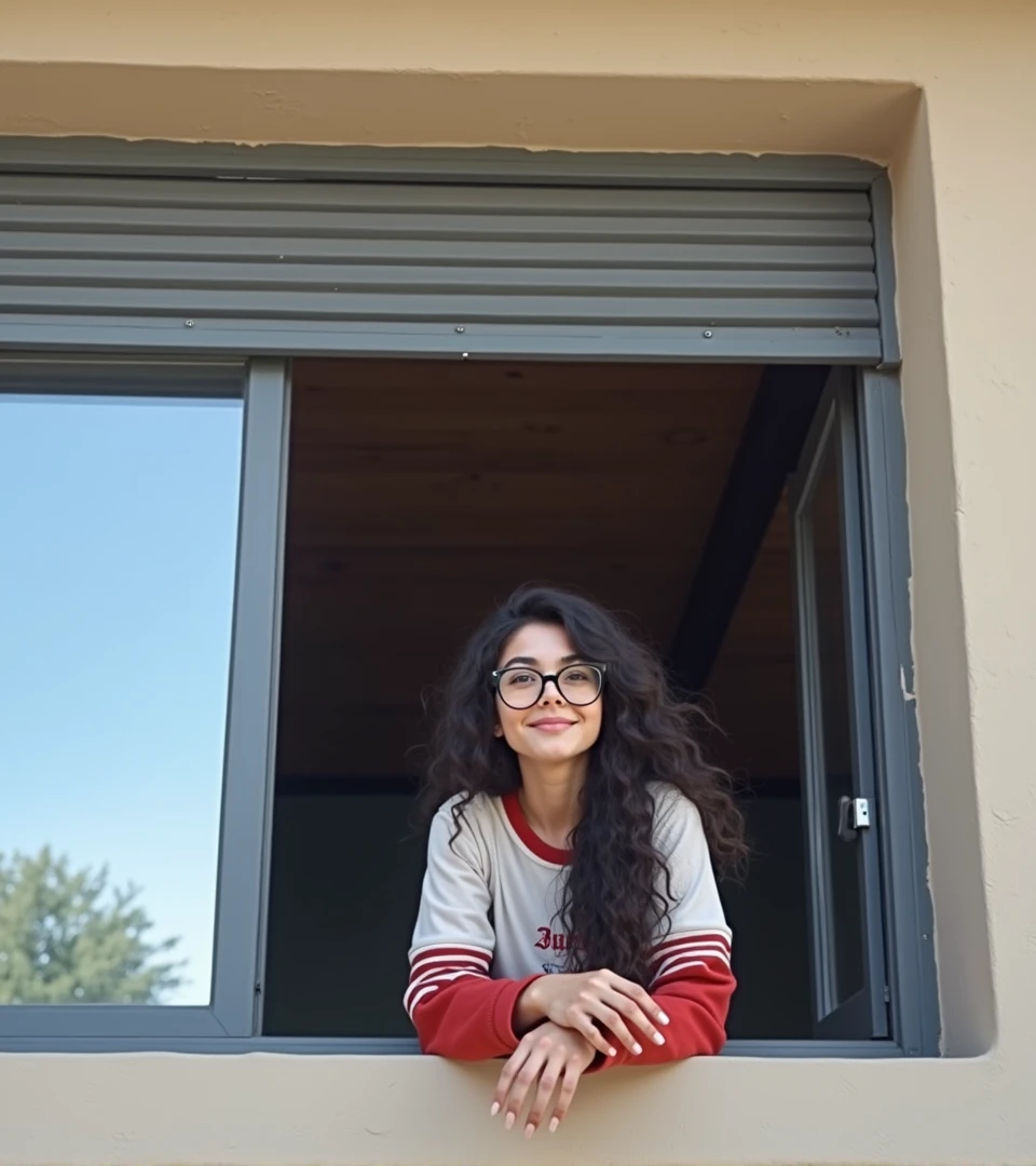 Realistic portrait of young woman with dark, curly hair wearing glasses and a white and red sweatshirt, smiling as she looks out the window frame.   The place feels like an outdoor environment, with the window frame providing a contrast between the indoor and outdoor spaces.   The woman's expression conveys a feeling of contentment or joy as she looks out.