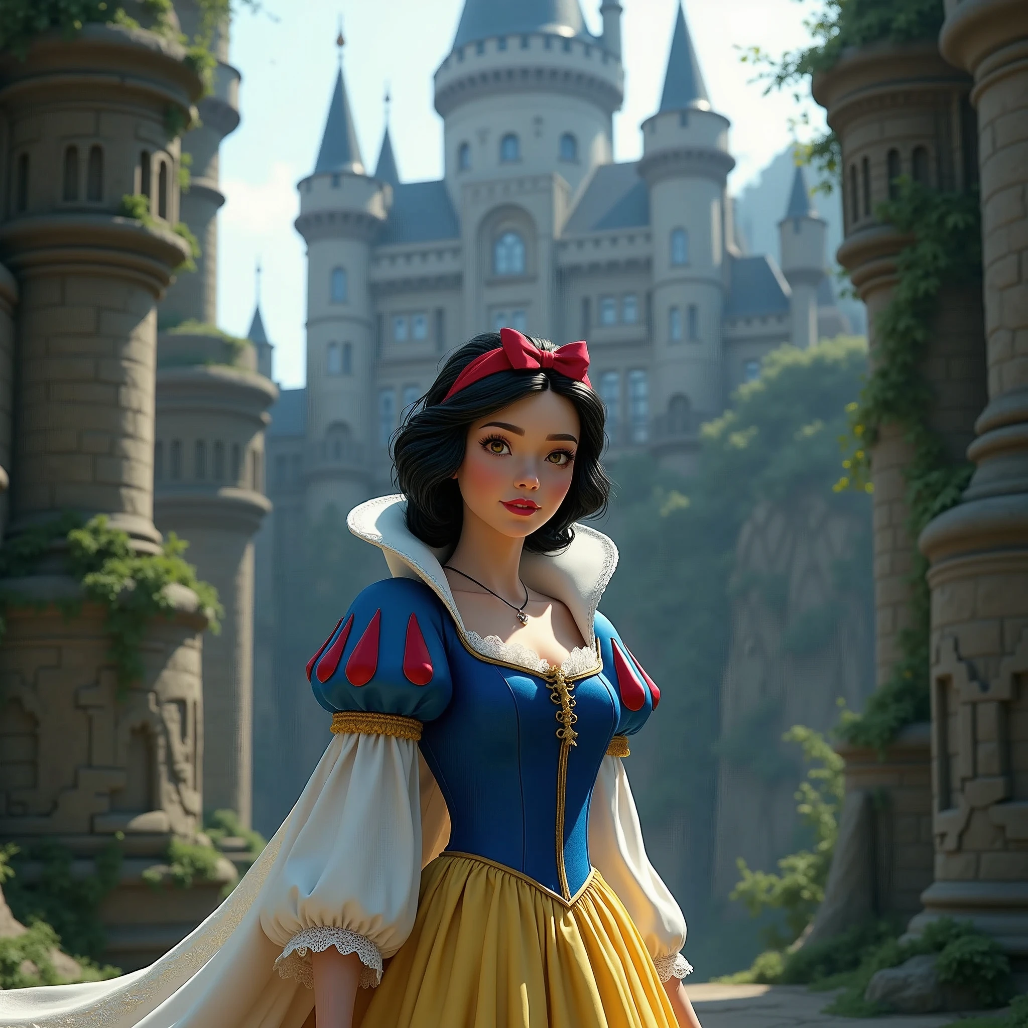 (photorealism:1.2), Snow white in front of an old magical castle