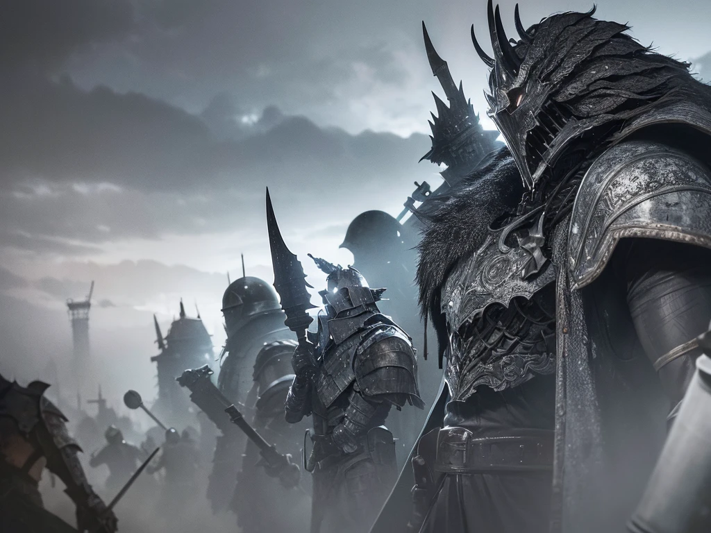dark souls warriors wallpaper hd hd, in the style of gritty urban landscapes, detailed, layered compositions, dark white and silver, mechanized forms, lens flare, sony alpha a1, strong facial expression —ar 16:9 —niji 5 —c 3