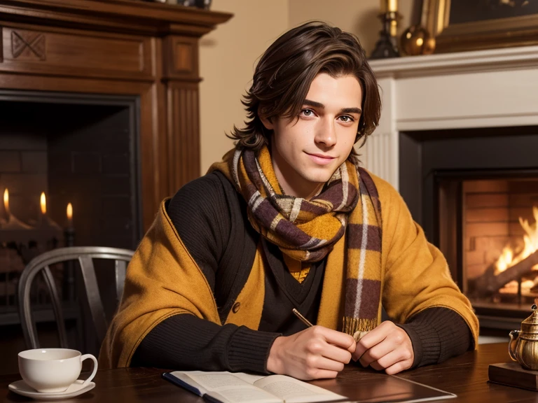 Male Hufflepuff student, 15 years, Brown hair, hair over the shoulder, scarf, eyeball, seductive smile, autumn, Social realism, Lens flare, HD, High resolution, anatomically correct, personal room, lit fireplace, tea set, cards on the table