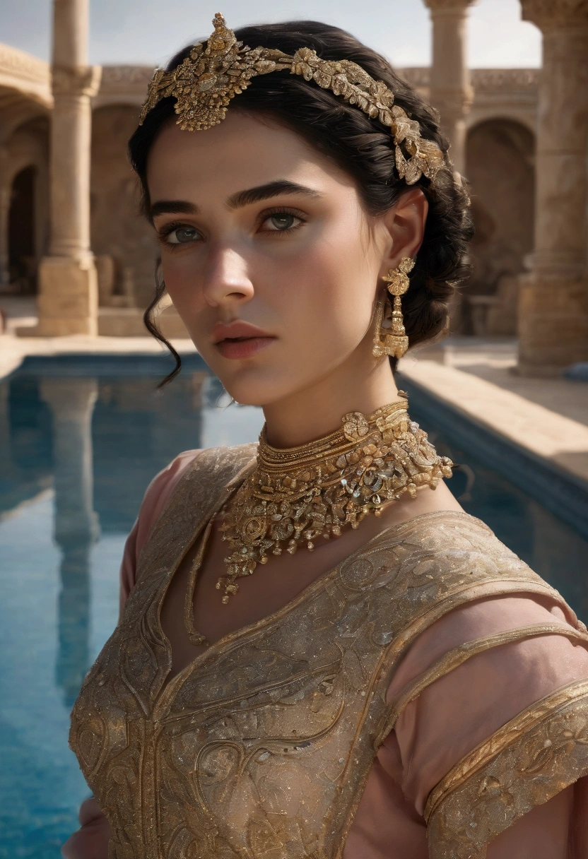  1girl, Carthage princess, (masterpiece:1.3), (8k, photorealistic, RAW photo, best quality: 1.4), (1girl), beautiful face, (realistic face), (black hair, short hair:1.3), beautiful hairstyle, realistic eyes, beautiful detailed eyes, , cute, young, slim, gold jewelry, unclothed,  shiny skin, princess's chambers, canopy, sky, pool, back view,  from below, low angle, full body
; naughty_face, blush,