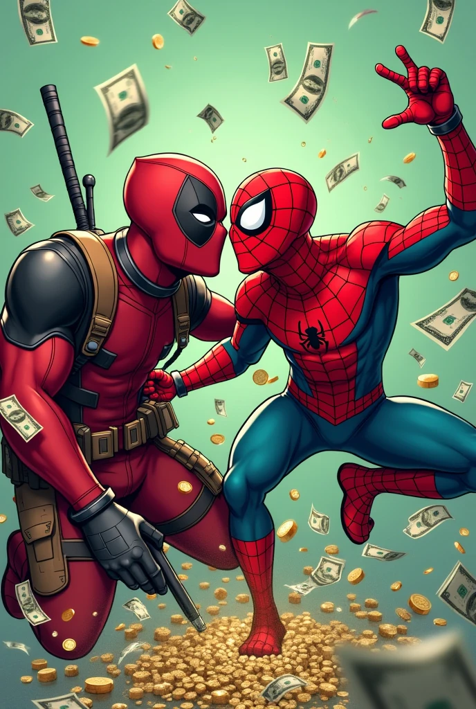 Deadpool and spiderman, dollar bills, diamonds, coins background in light green and Uni Duni Te as the title