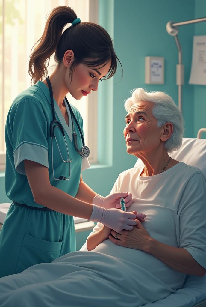 A nurse(a) taking care of a patient, like administering an injection, checking vital signs (using a stethoscope), or helping a patient walk.