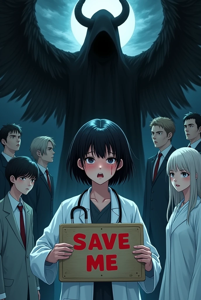 Canvas illustration, anime style, HD, high contrast, gothic background with creepy hands touching a young girl wearing a white doctor's coat. The girl has short black hair, shedding tears. Holding stethoscope in her neck. One hand holding Indian flag and the other hand is holding a justice board. The girl is wearing spectacles and her tears are red in colour which is drenching her white coat. The background also has faces of several men with ghostly faces watching her and touching her with their hands. The sky is dark blue to black in colour where lucifer wearing black clothes is watching those men. The other side their is an angel with white clothes watching the girl and crying. The style of painting is european. Photorealism:1.2