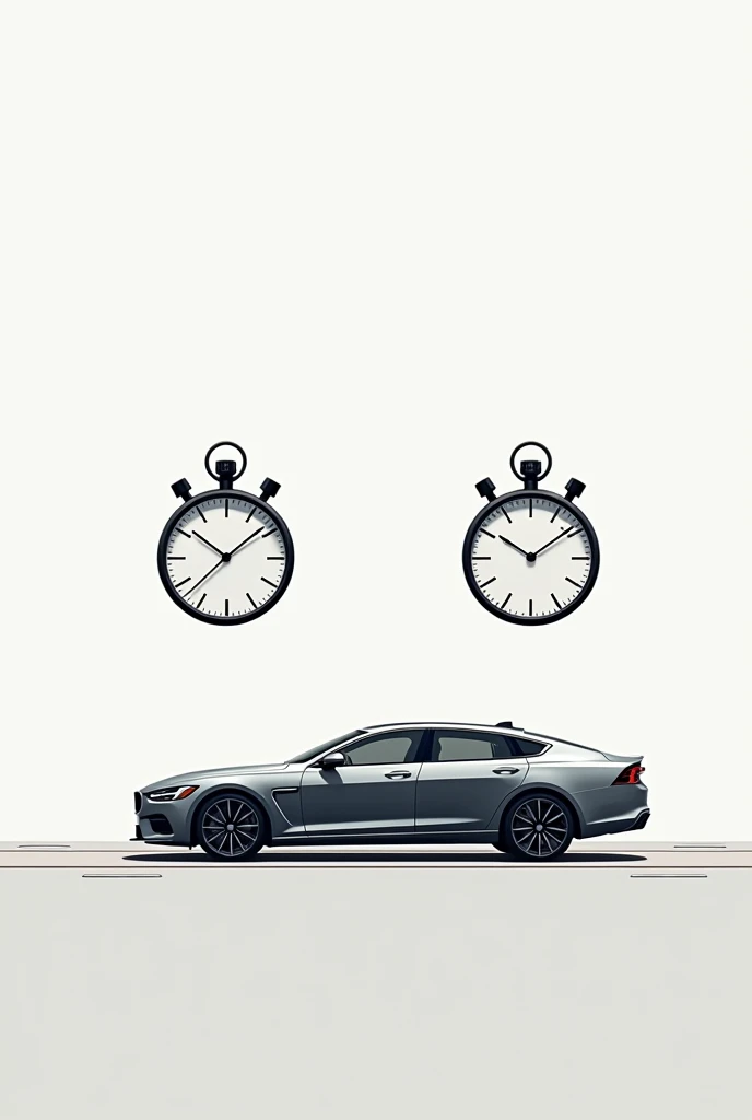 A drawing of a car that shows it traveling two equal distances and two stopwatches that show equal times for these two distances. 
