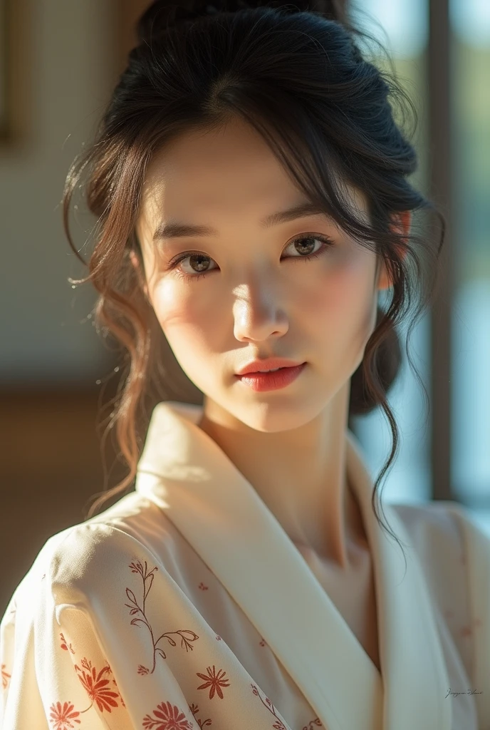 An elegantly dressed Japanese woman in natural light、A close-up of her chest and calm expression.、It shows her inner peace and outer charm.。