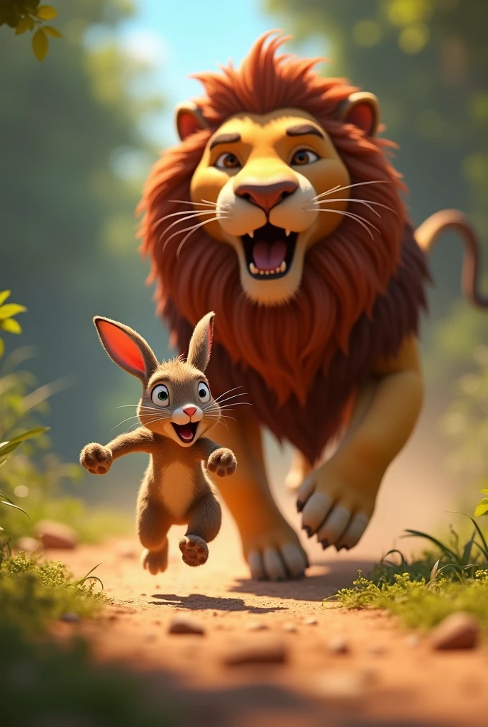 in 3d animation style " Rabbit's Quick Escape**: The rabbit dashes away at high speed, barely escaping the lion's paw. The background shows the lion mid-pounce, missing the rabbit by inches.