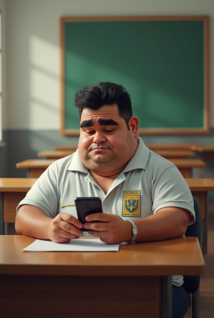 fatter. monocelha. homely, using his cell phone in a classroom wearing the IFPI uniform