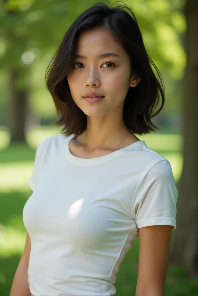 Realistic photo portrait of a pretty 18-year-old Caucasian woman with short dark hair. She is in a sunny park, wearing a tight white spandex t-shirt, with no bra. Her nipples are visible through the thin material. 