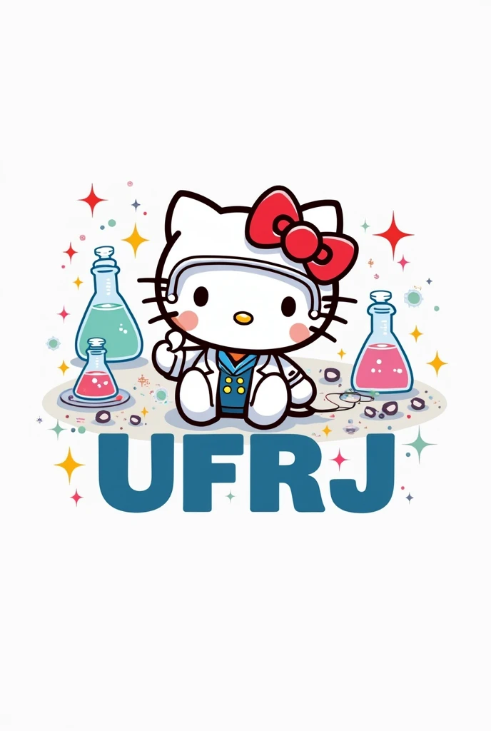 Hello kitty scientist with a white background written biophysics UFRJ very large in a cute cartoon style