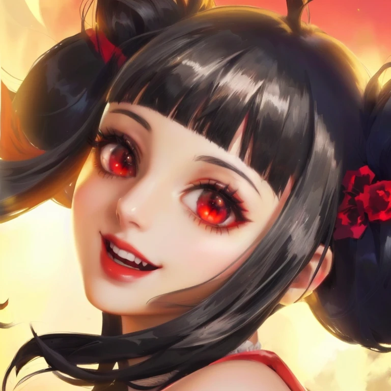 Anime girl with pitch black hair, bright red emerald eyes that shine., Profile picture, Smile widely, Vampire girl, Pale complexion, Red lipstick, With large eyes