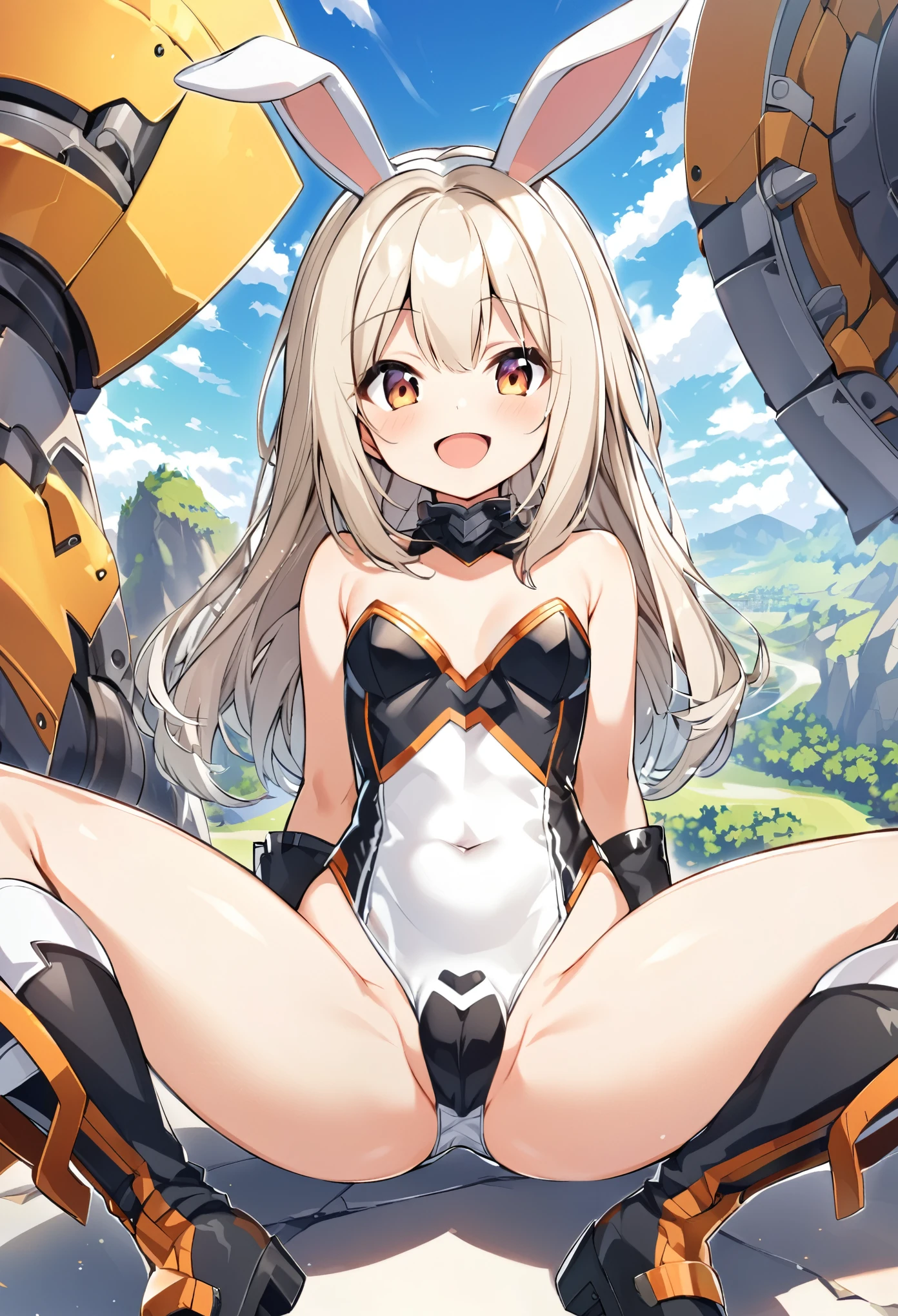 ,ung_teeirl,brown_hair,medium_bob_hair,platina_blond_hair,white_leotard,covered_crotch,thigh-highs,smile,standing,bluesky_landscape_background,slightly_spread_legs,happiness, short_gloves ,solo, r18, navel,relicbuster,short,boots,open_mouth,sitting,knees,bunny_ears