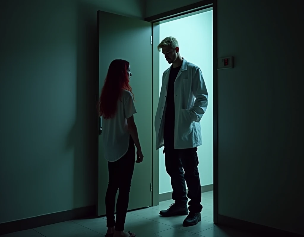 216 cm tall, 33-year-old man with short platinum blond wavy swept-back hair, dark skin, Arabic-Egyptian features, wearing a white lab coat over a black t-shirt and black cargo pants, standing in an open doorway of a secret facility. He is looking down at a very short 24-year-old woman, with vibrant maroon side-parted medium-length wavy hair, very pale skin, wearing a white flowy top and low-rise black pants, standing outside the facility near the doorway. Hip-shot, dark lighting, nighttime, photorealistic, cinematic.