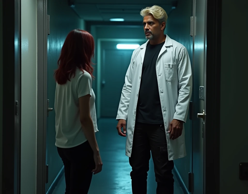 216 cm tall, 33-year-old man with short platinum blond wavy swept-back hair, dark skin, Arabic-Egyptian features, wearing a white lab coat over a black t-shirt and black cargo pants, standing in an open doorway of a secret facility. He is looking down at a very short 24-year-old woman, with vibrant maroon side-parted medium-length wavy hair, very pale skin, wearing a white flowy top and low-rise black pants, standing outside the facility near the doorway. Hip-shot, dark lighting, nighttime, photorealistic, cinematic.