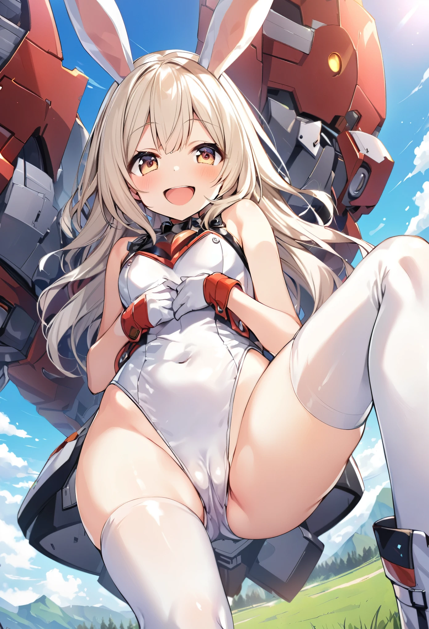 ,ung_teeirl,brown_hair,medium_bob_hair,platina_blond_hair,white_leotard,covered_crotch,thigh-highs,smile,standing,bluesky_landscape_background,slightly_spread_legs,happiness, short_gloves ,solo, r18, navel,relicbuster,short,boots,open_mouth,sitting,knees,bunny_ears