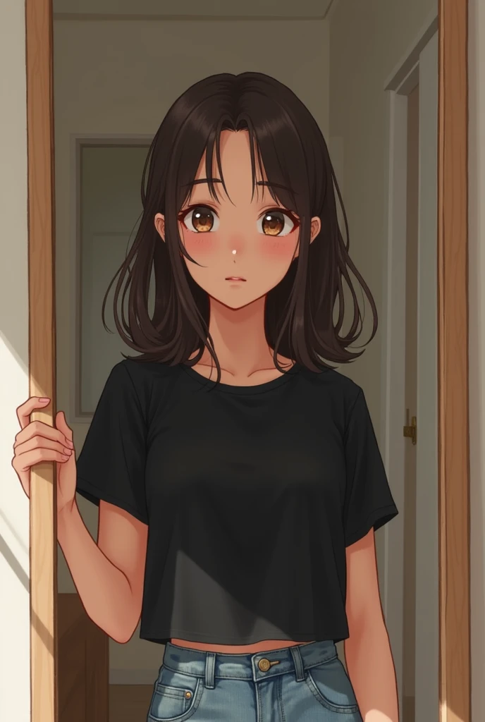 Restore face of the previous girl as 16 year old taking mirror selfie with black t-shirt and denim shorts