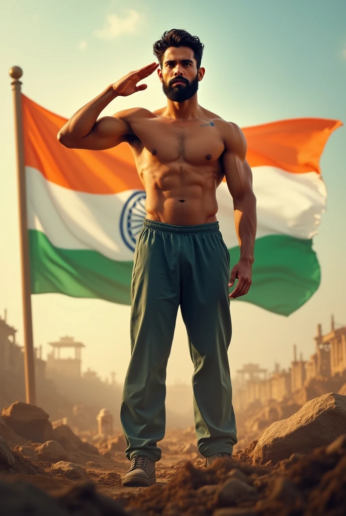 A boy age 19 saluting and showing his body background off india, flag, orange white cream and war field and independence day of india.Seventy eight independence day Muscular  gym body boy with no beard 