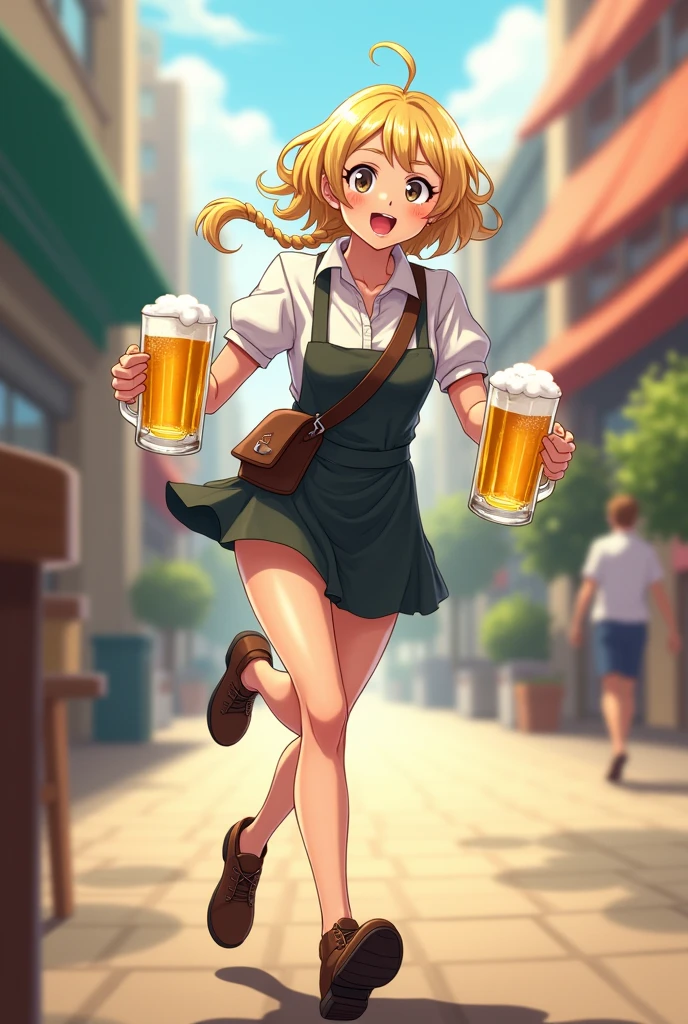 24-year-old woman。Blonde ladylike hairstyle with vertical curls。With a slender figure、Wearing an apron and a sling。With a beer mug in each hand、Please draw an anime style of someone running around busily.。