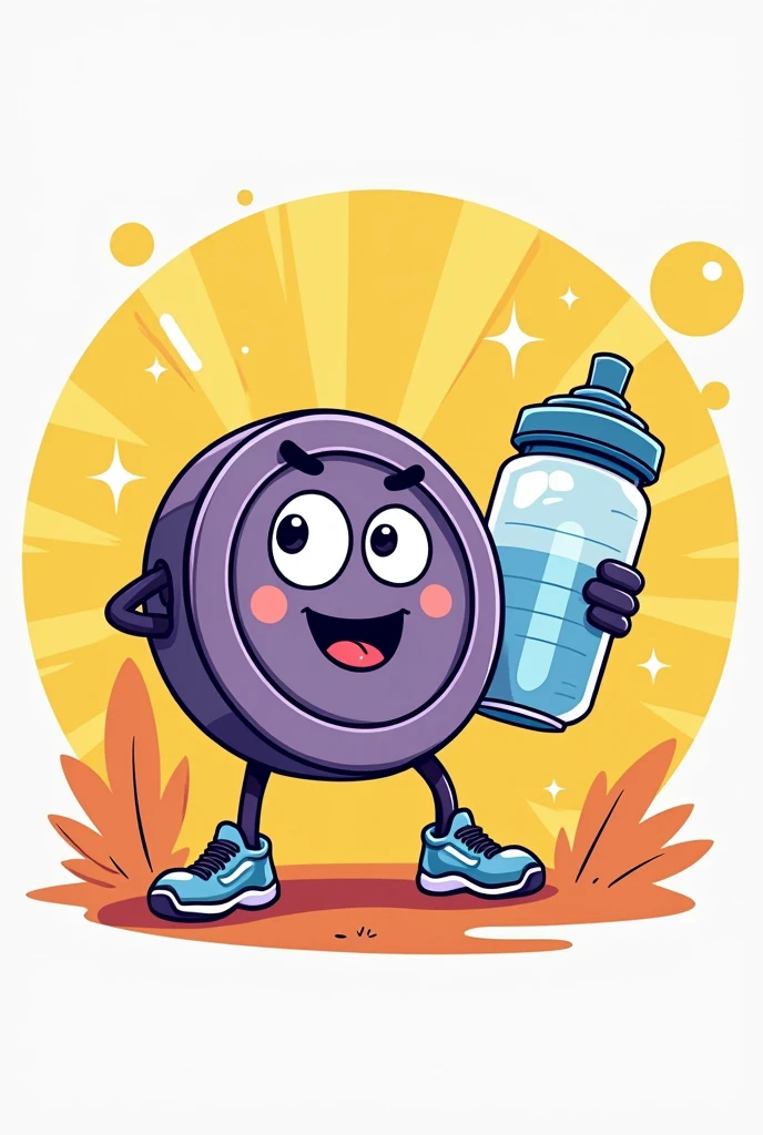 A colorful cartoon icon featuring a weight from the gym and a water bottle