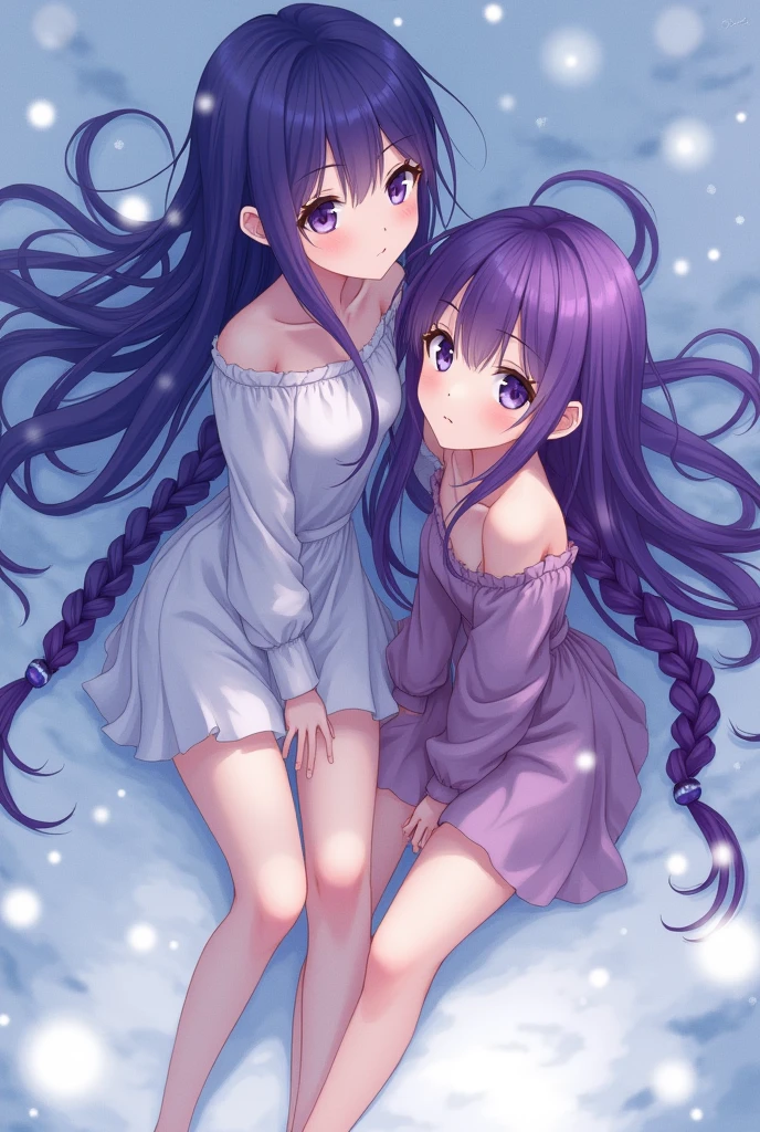 anime girls purple hair purple eyes braids long hair moles mole under eye snowflakes high angle feet