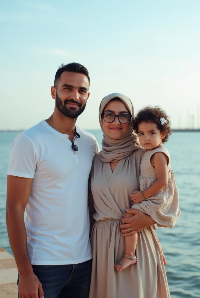 A young brown man with a small beard and no hair on his cheeks. It says on his shirt "El Boukhari" Civil engineer standing next to his beautiful white architect wife wearing glasses, it says on her dress "Zeyneb" 
By the sea, the weather is beautiful, the wife is a Muslim and modest, and they are carrying their beautiful  daughter.