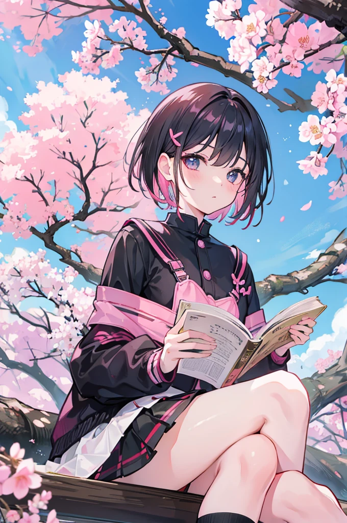 sitting under a cherry blossom tree reading a book、Pink short hair、Wearing a black gakuran、youth、man