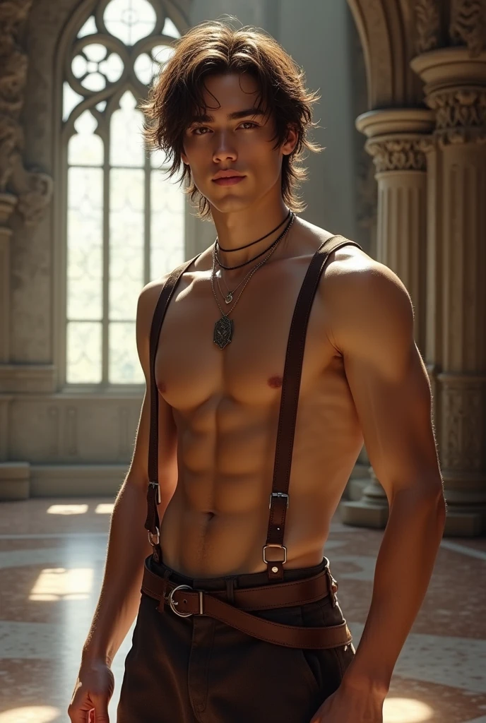 Fantasy Boy, handsome young man with white skin and brown hair wearing suspenders and no shirt in a castle