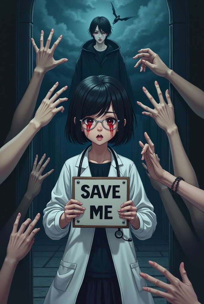 Canvas illustration, HD, high contrast, gothic background with creepy hands touching a young girl wearing a white doctor's coat. The girl has short black hair, shedding tears. Holding stethoscope in her neck. Both hands holding a justice board written SAVE ME in bold letters. The girl is wearing spectacles and her tears are red in colour which is drenching her white coat. The sky is dark blue to black in colour where lucifer wearing black clothes is watching those men. The other side their is an angel with white clothes watching the girl and crying. Photorealism:1.2