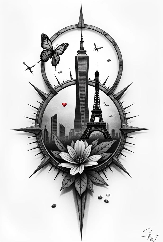 An ultra-realistic tattoo, in black and white, a compass with inside a single Taipei 101 tower in realistic, one Eiffel Tower, a colorless ruby and a butterfly
