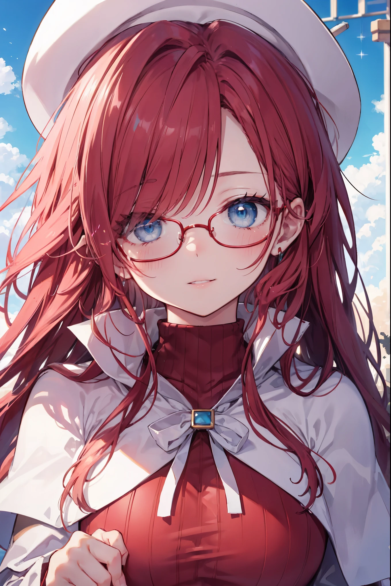 summonnightaty, aty, (young:1.3),long hair, blue eyes, red hair, big_tits, hat, glasses, BREAK long hair,, hat, dress,glasses, cape, sweater, beret,ribbed sweater,,solo, BREAK outdoors, fantasy, BREAK (masterpiece:1.2), best quality, high resolution, unity 8k wallpaper, (illustration:0.8), (beautiful detailed eyes:1.6), extremely detailed face, perfect lighting, extremely detailed CG, perfect anatomy),covered_nipples,half_eyes,sleepy_eyes,red_sweater,magical_effect,,Smile,closed_mouth,solo,in_modern_town_landscape,night_sky,solo,portrait,bust up,looking_viewer,shiny_lips,blush