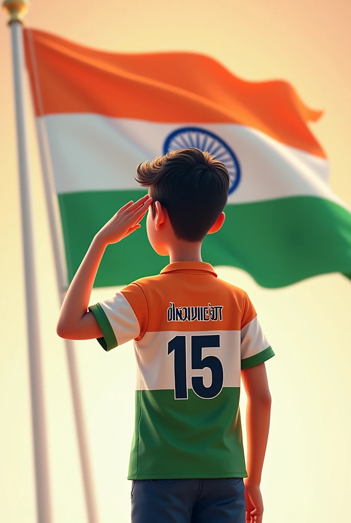 
A 20 years old boy salutes the national flag of bharat and he is wearing a shirt print is like bharat flag and "Navneet" and 15 number and independence day in small is written on it's back in big and bold fonts, 3d illustration