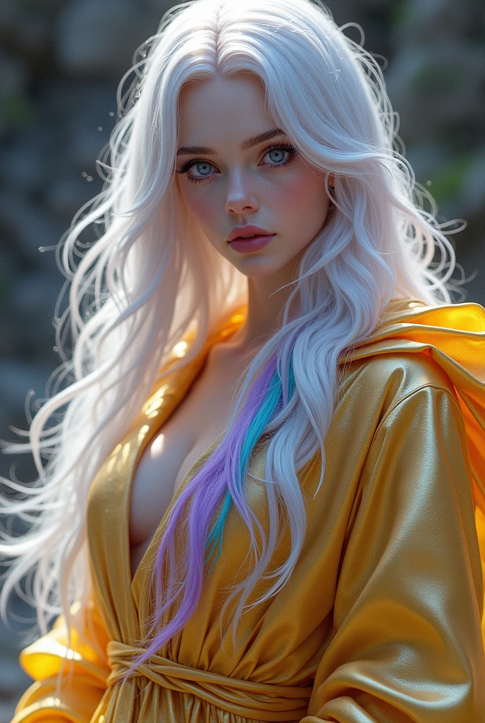 RPG woman with long white hair with rainbow colors at the ends. Your eyes are lilac. your skin is pale, and she wears a golden robe