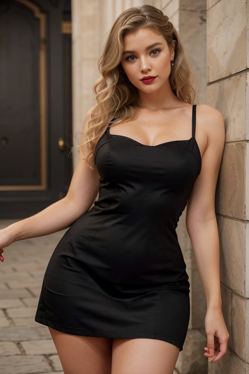 European type blonde woman dressed in a round black dress with beautiful curves. D’apparence timide mais qui est une vraie soumise. curly hair. Yeux gris, red lipstick red high resolution,