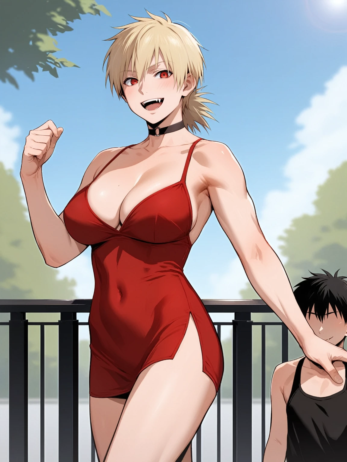 score_9, score_8_up, score_7_up,  score_6_up, source_anime, standing, hellsing, seras, blonde hair, nude, park, outdoors, sky, vampire, smirk, fangs, ikuchan, balcony, muscular male, male wearing tank top, large breasts, husband and wife, family, looking at viewer, smiling, light skinned male, standing side by side, standing, 1girl, smile, cute, happy family ((size difference)), tall male, ((worship)), ((light skinned male))), gown, dress, navel, short dress, red dress, , ((size difference)), shota, ((family)), wholesome, sfw, raing:safe, ((large male)), black haired male, solo focus, choker, solo focus, 2boys, 1girl, trio, mature male, dilf, ((portrait)), faceless male, husband and wife and son