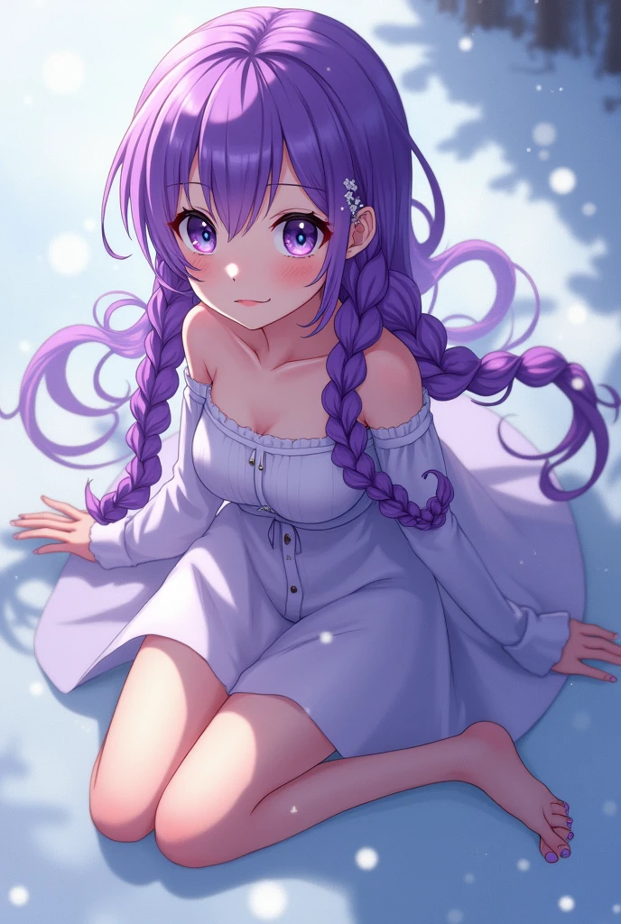 anime girl purple hair purple eyes braids long hair moles mole under eye snowflakes high angle barefeet purple toe nails