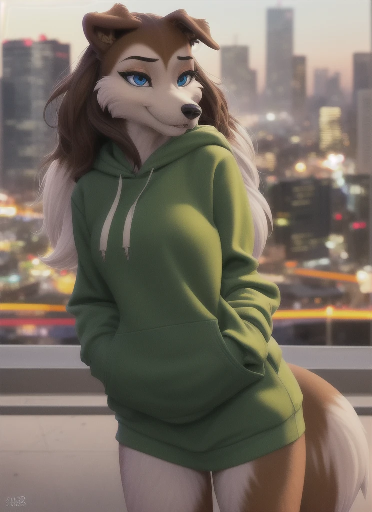 colleen, furry female anthro, dog girl, portrait, close-up, long hair,  (hoodie:1.2),  fur trim, solo, (body fur:1.2), (best quality), (detailed urban background:1.2), dramatic lighting, (detailed fluffy fur:1.1), looking at viewer,  medium breasts, 