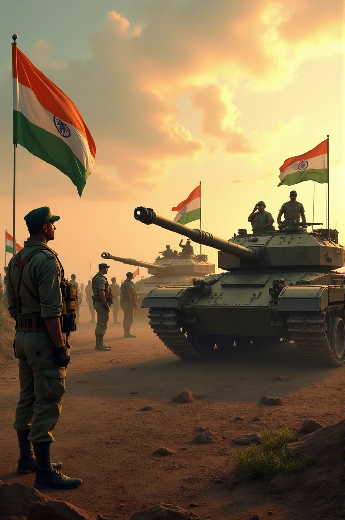 Independence Day Celebration on the Battlefield:
As dawn breaks over the rugged terrain, the Indian Army stands resolute on the battlefield, embodying the spirit of freedom and valor. The roar of tanks and the steady hum of machine guns set the stage for a unique Independence Day celebration. Soldiers, in full combat gear, gather around their tanks, adorned with tricolor flags, as they pay tribute to the nation's hard-earned freedom. Amidst the backdrop of a historic battlefield, the soldiers exchange salutes, honor their comrades, and reaffirm their commitment to the ideals of independence and sovereignty. This powerful display of patriotism and strength underscores the enduring dedication of the Indian Army to protecting and celebrating the nation’s freedom.
