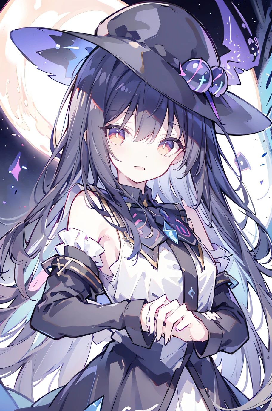 oung Girls,Humanity,A magician always smiles,big witch hat,cute,dark blue long hair,The eyes are dull,The bangs are heavy,Thin eyebrows,fantasy,intake,Double teeth,Star Theme,Constellation pattern,Solid color clothetal decoration,cloak,A bit of a dark atmosphere,A little crazy smile,When the big moon shines outside at night,blood,Hair black star embellishment,Short tie,No nails,High waist skirt,Bell sleeves,Long-sleeved shirt,Black tie,low risk,gentlemen。Mist、Yellow and white effect,Shocking pink as an accent color