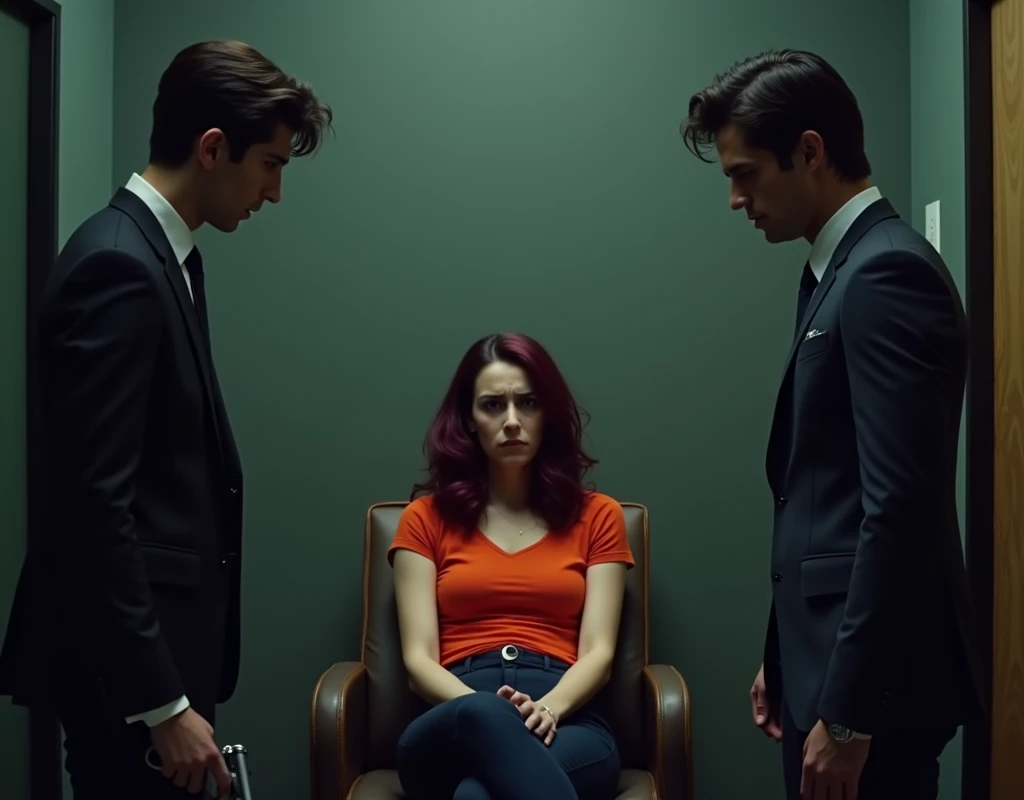 185 cm tall, 25-year-old twin males, short wavy hair, Indian features, holding guns, both standing to the sides of a 24-year-old woman sitting in an interrogation chair with Caucasian-mixed race features with pained expression, bullet wound in shoulders vibrant maroon side parted wavy medium length hair and light skin wearing orange top and navy pants in office, dark lighting, photorealistic, cinematic