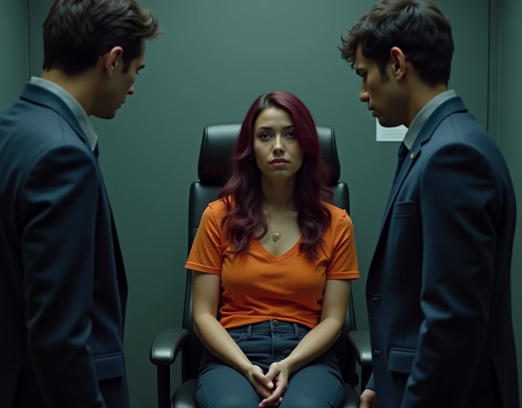 185 cm tall, 25-year-old twin males, short wavy hair, Indian features, holding guns, both standing to the sides of a 24-year-old woman sitting in an interrogation chair with Caucasian-mixed race features with pained expression, bullet wound in shoulders vibrant maroon side parted wavy medium length hair and light skin wearing orange top and navy pants in office, dark lighting, photorealistic, cinematic