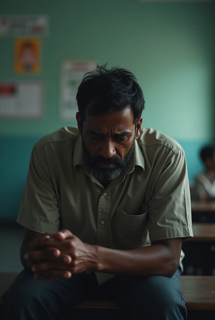 A indian father is crying in the school