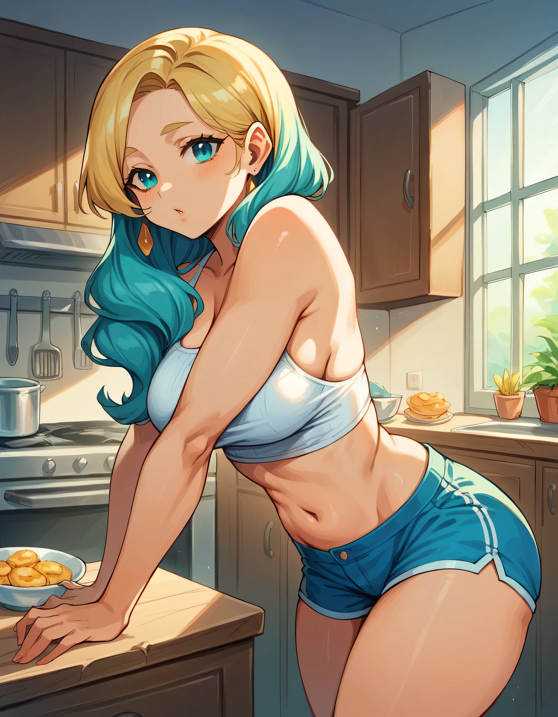 arafed woman in a white top and blue shorts posing in a kitchen, blonde goddess, beautiful girl, perfect body, perfect shape, a gorgeous cyan hair girl, sexy girl with long cyan color hair, beautiful cyan hair woman, in the kitchen, great body, sexy girl, perfect body and face, sexy woman, cyan colored swedish woman