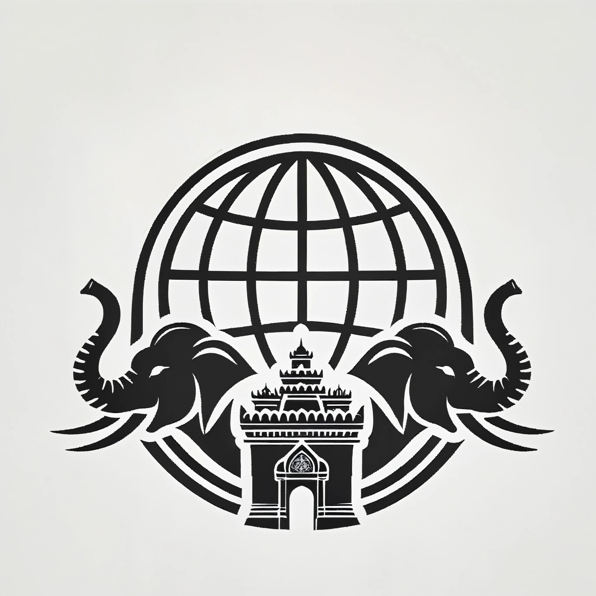 There is a black and white image of the world with an elephant, Symmetrical Sticker Design, Shadow of Empire, Stencil Art, Insignia in the background, temple background, Symmetrical Cut Sticker, Empire Symbol, Ancient symbols behind, illustration logo, backdrop, Black Stencil, World Creation, Vector art for CNC Plasma, Stencil Tattoo, ( art deco ), Symmetrical illustration